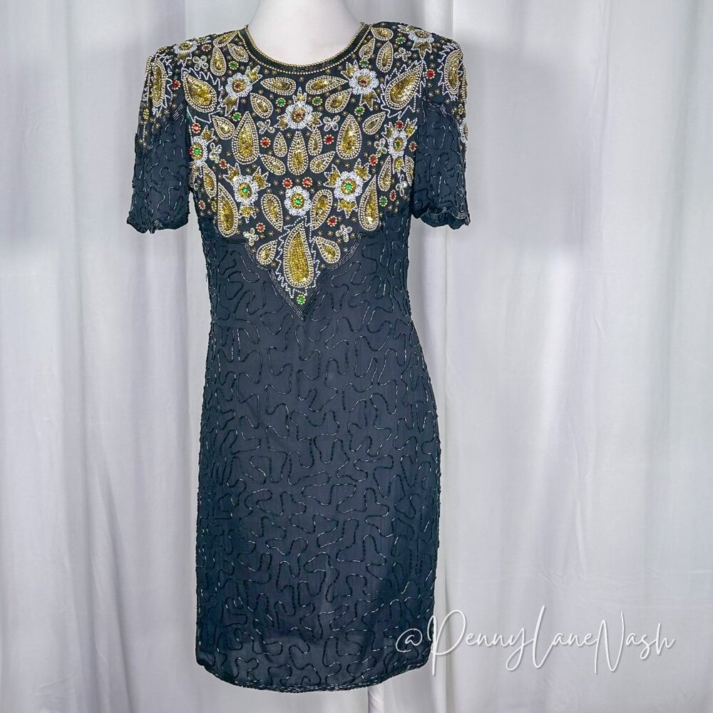 Laurence Kazar Vintage 80s Silk Bead-Sequin Dress Black - Picture 2 of 14